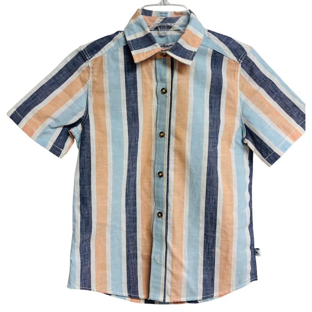 Tommy Bahama Boys Button Shirt Stripe Blue Peach Short Sleeve Size M 7 8 New